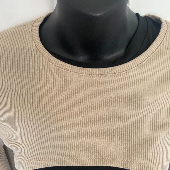 NWT Grey Lab Beige Tan Cropped Crewneck Ribbed Shrug Long-Sleeve Top Size Small - Picture 6 of 6